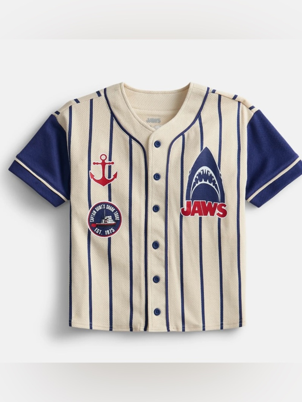 NWT Jaws Amity Island 75 Baseball Jersey Boys XS 4/5 Shark Movie Button Front